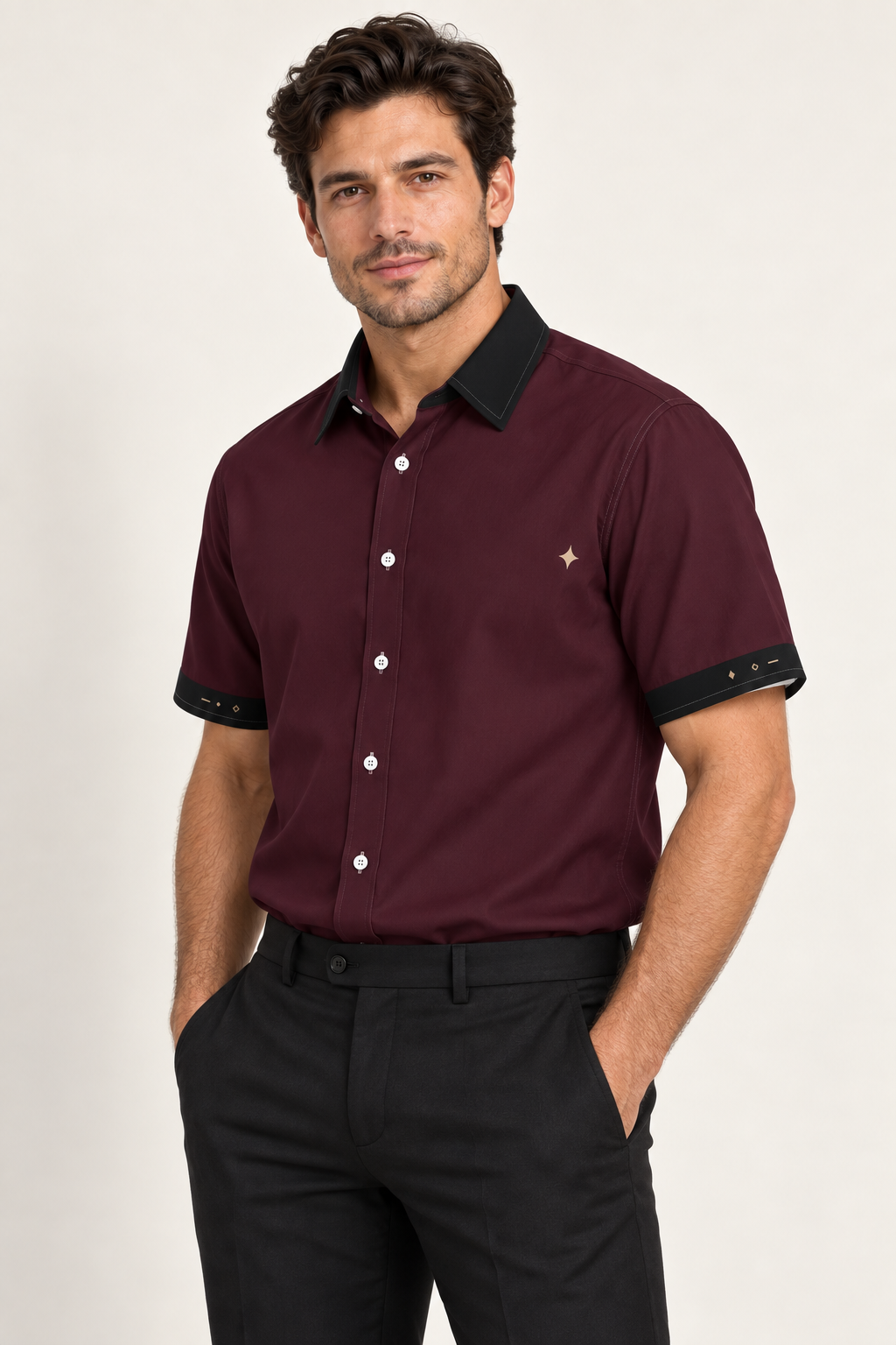 UNIKCOSA Burgundy Noir cotton satin shirt, side model view — AI styling illustration