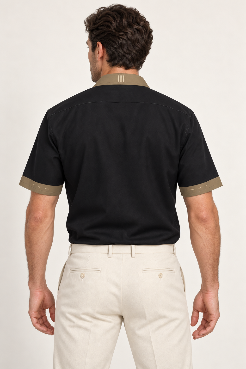 UNIKCOSA Obsidian Bronze cotton satin shirt, back model view — AI styling illustration