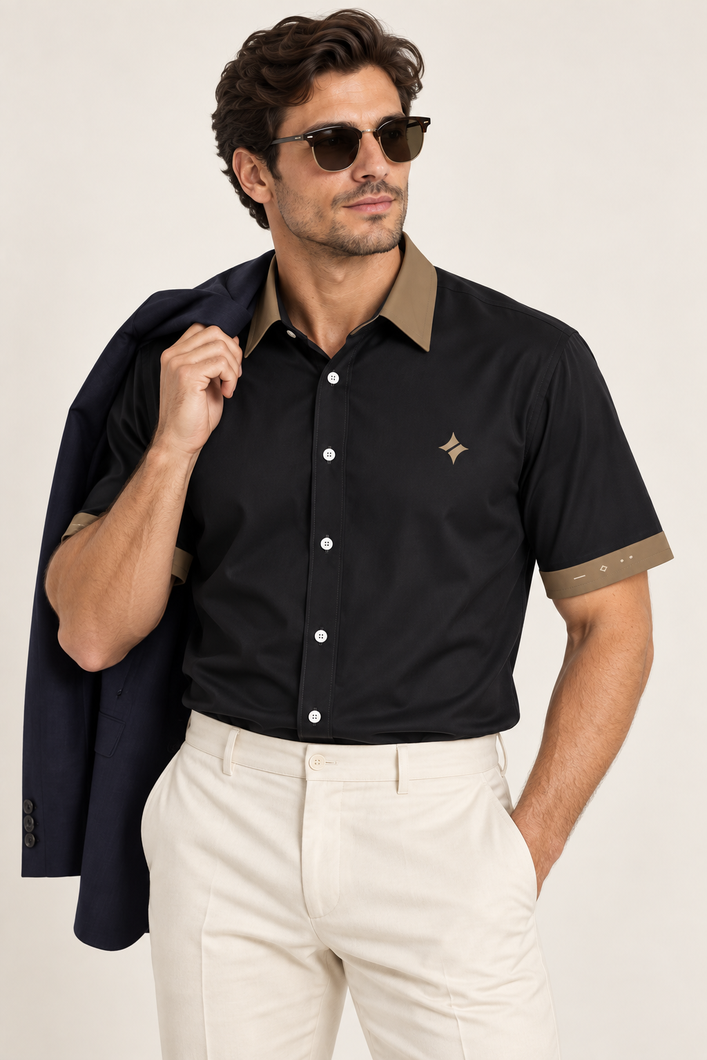 UNIKCOSA Obsidian Bronze cotton satin shirt, editorial model view — AI styling illustration