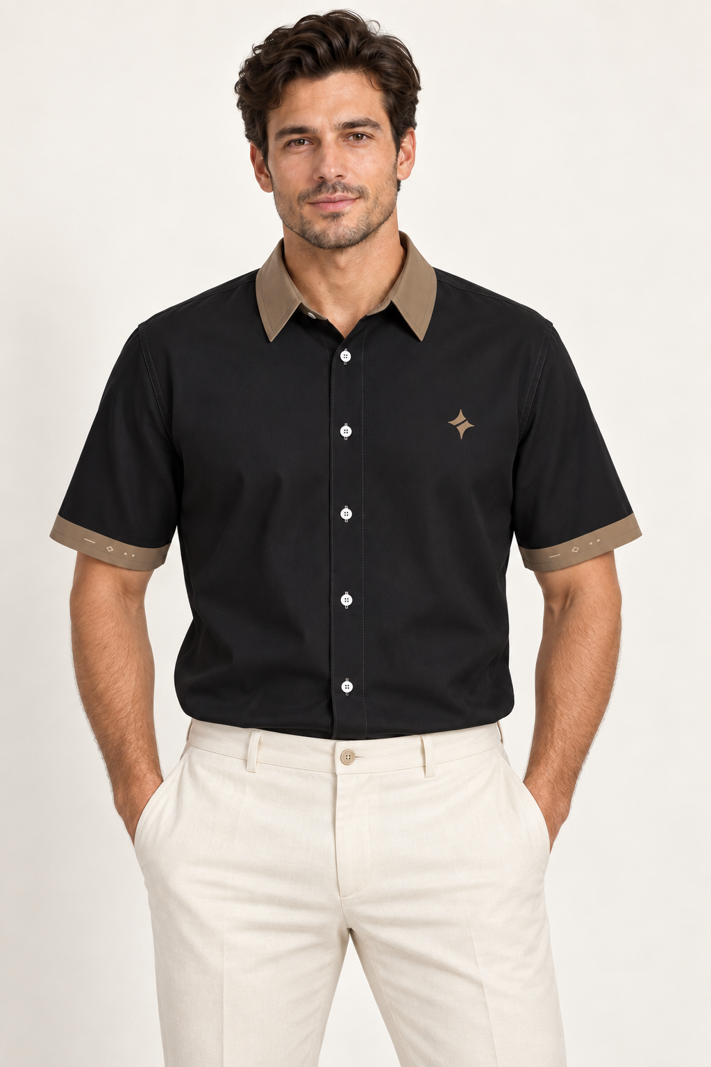 UNIKCOSA Obsidian Bronze cotton satin shirt, front model view — AI styling illustration