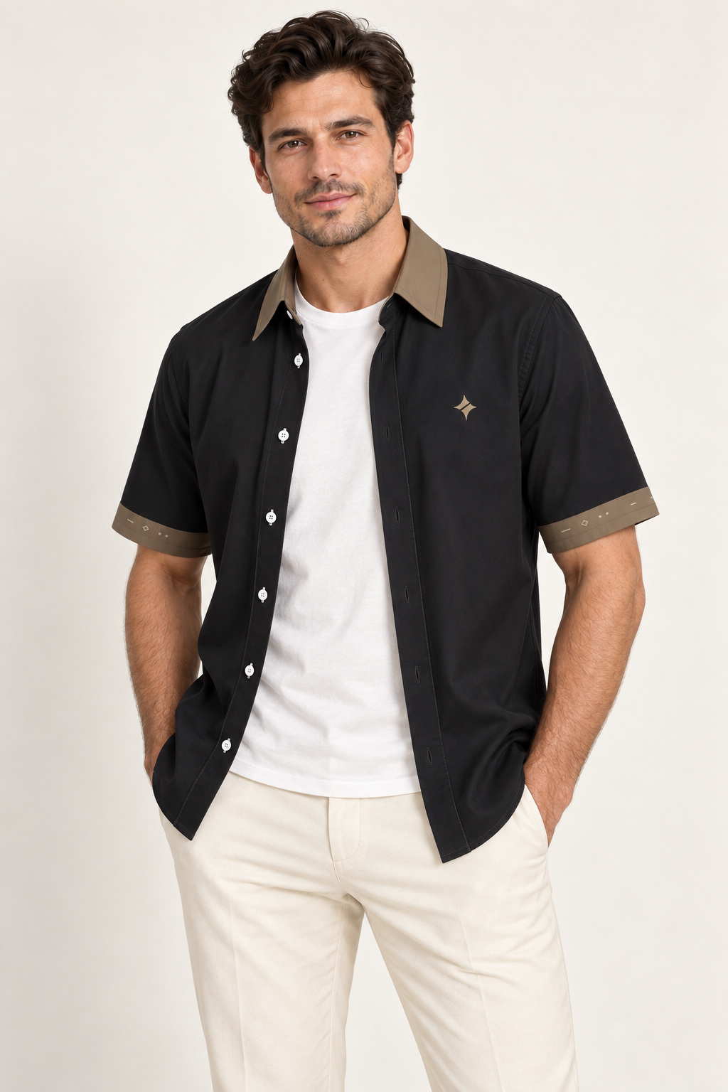 UNIKCOSA Obsidian Bronze cotton satin shirt, open model view — AI styling illustration