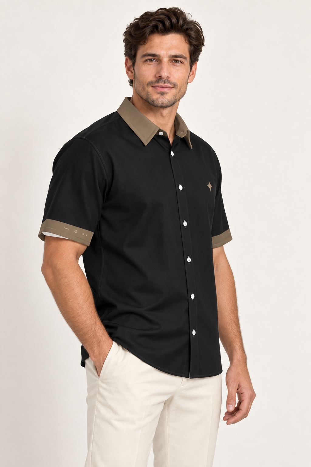 UNIKCOSA Obsidian Bronze cotton satin shirt, side model view — AI styling illustration