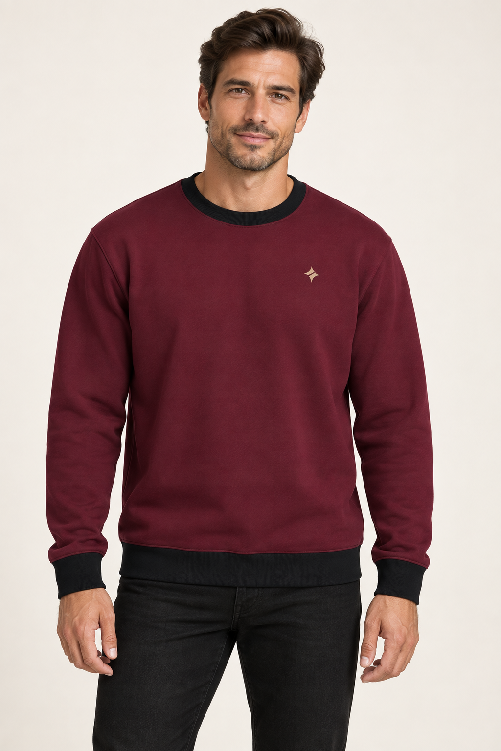 burgundy noir men's sweatshirt front view. AI-generated digital styling illustration.