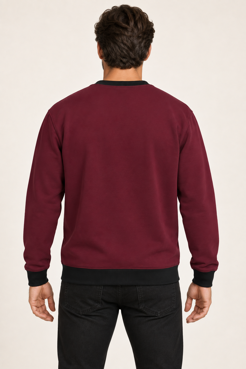burgundy noir men's sweatshirt back view. AI-generated digital styling illustration.