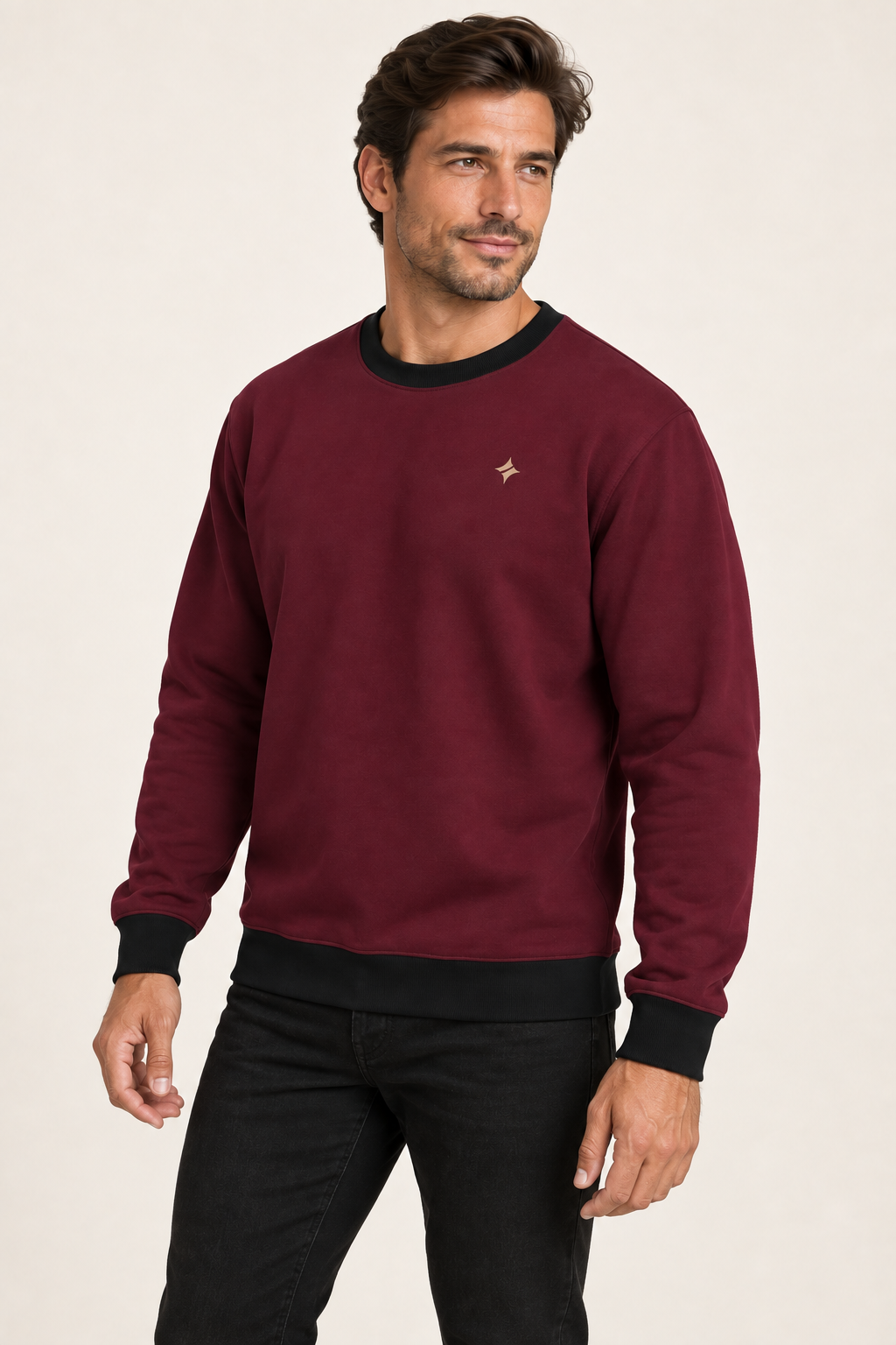 burgundy noir men's sweatshirt side view. AI-generated digital styling illustration.