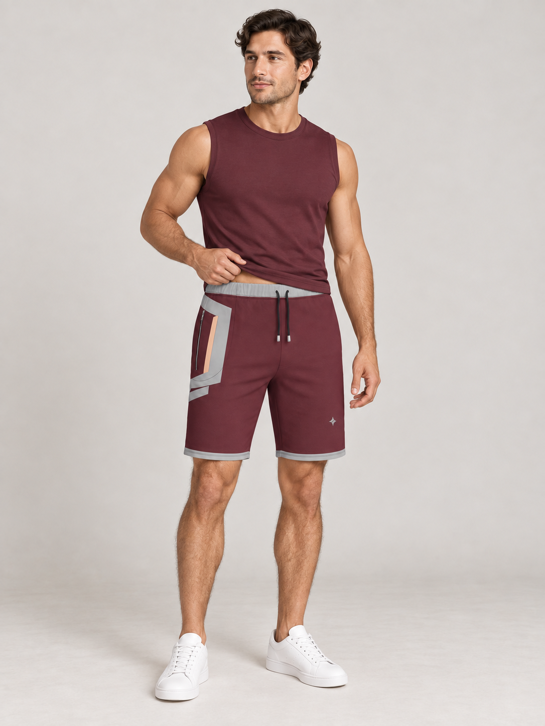 AI-generated styling illustration: adult male wearing UNIKCOSA Burgundy Stone Frame shorts with a coordinated fitted sleeveless top, gently lifting its hem to show the waistband.