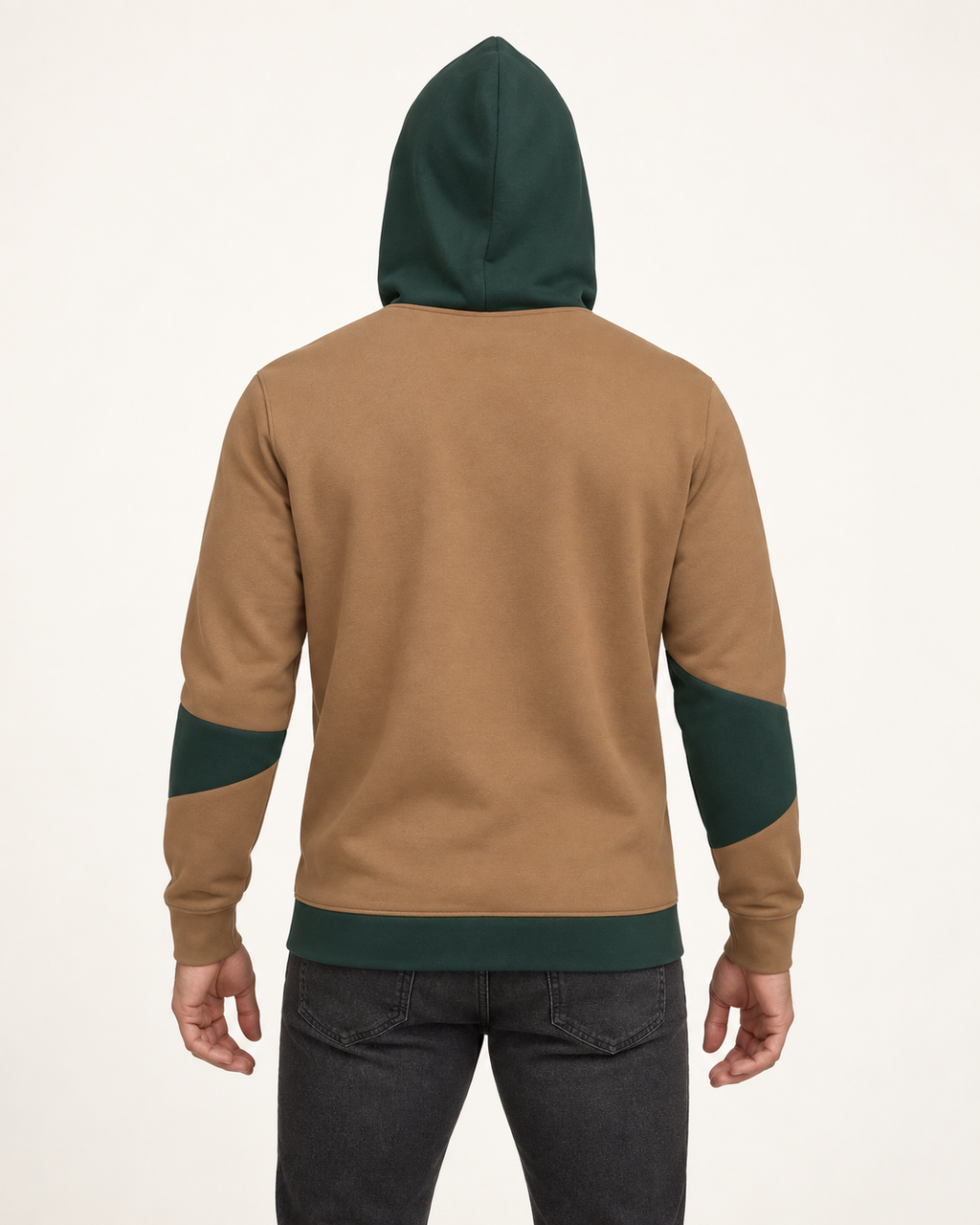 Caramel Pine Keystone Nero Ponte Hoodie, back on-model AI styling illustration