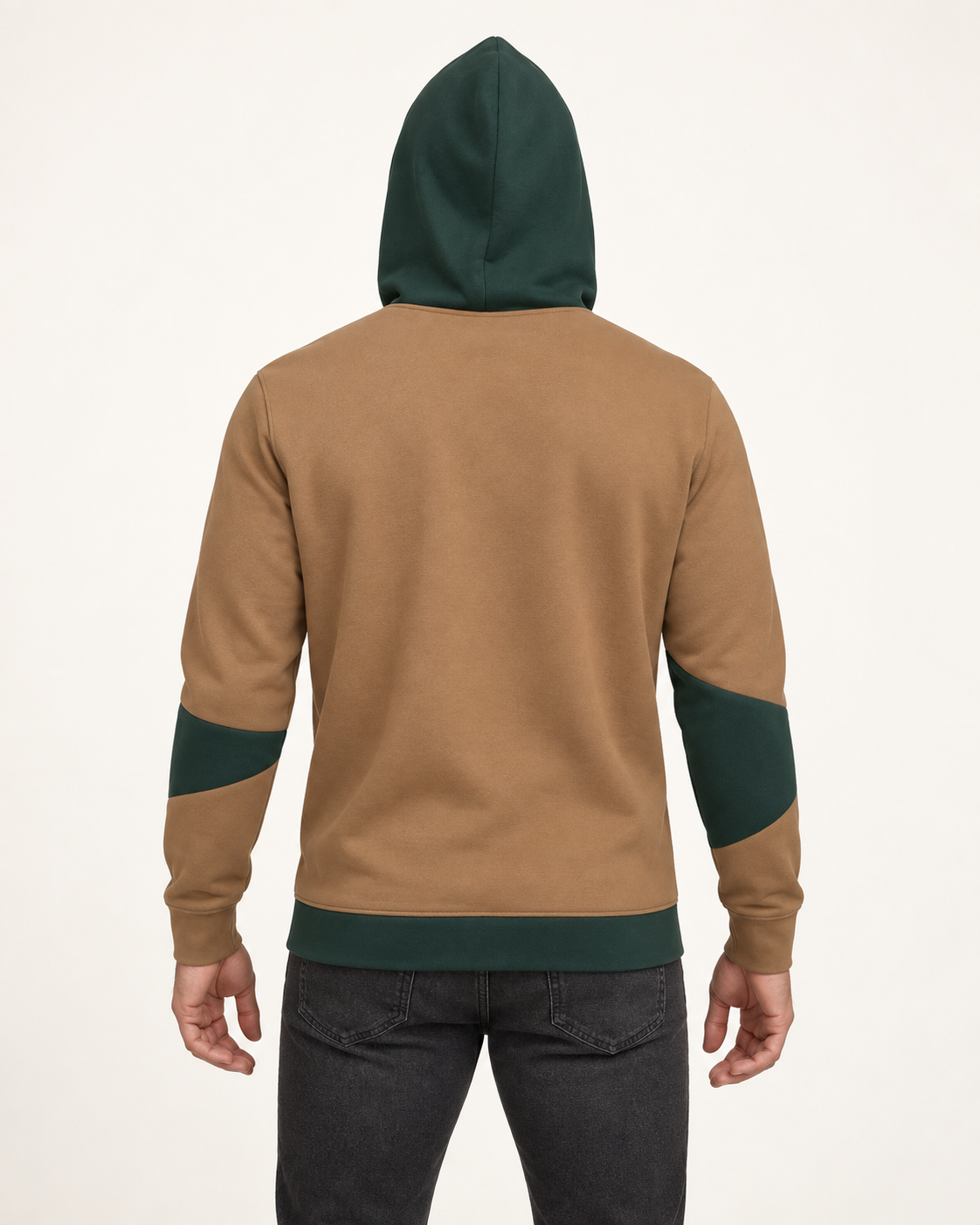 Caramel Pine Keystone Nero Ponte Hoodie, back on-model AI styling illustration