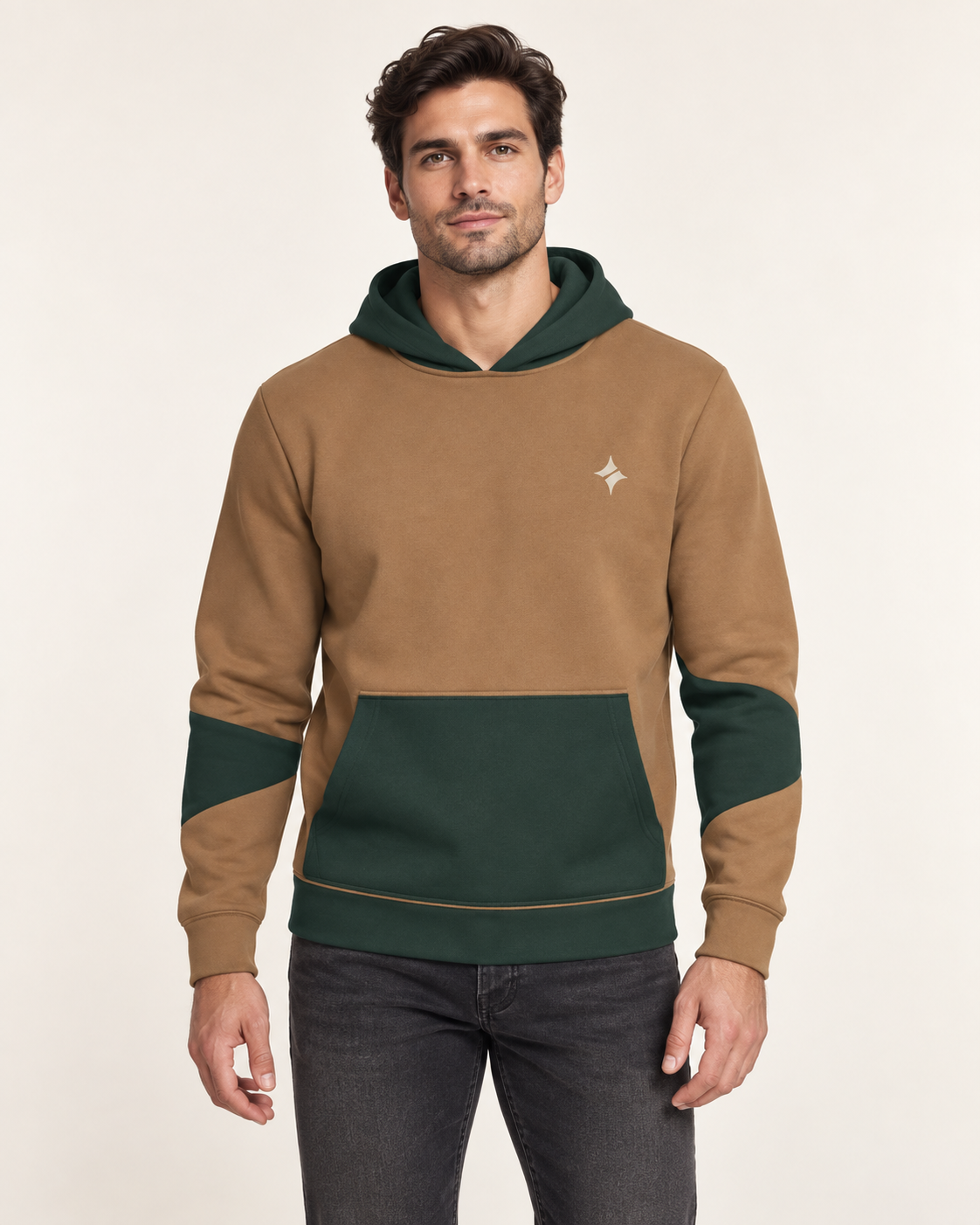 Caramel Pine Keystone Nero Ponte Hoodie, front on-model AI styling illustration