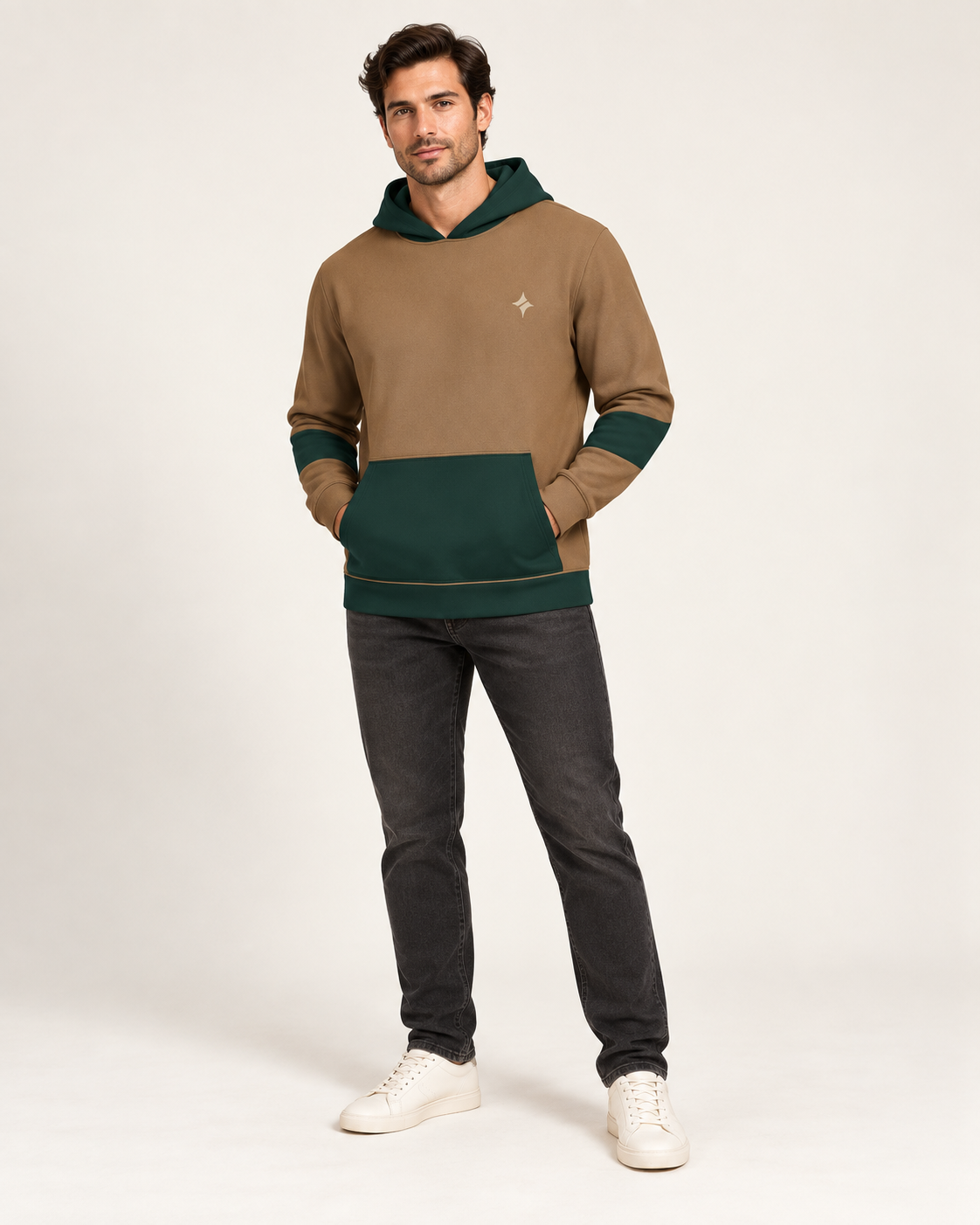 Caramel Pine Keystone Nero Ponte Hoodie, fullbody on-model AI styling illustration