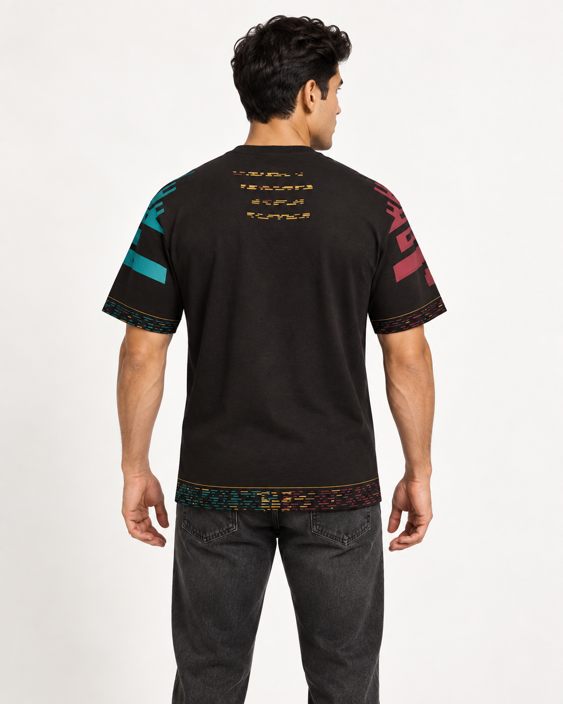 Cinder Cipher boxy cotton T-shirt — back on-model digital styling illustration