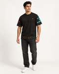 Cinder Cipher boxy cotton T-shirt — front on-model digital styling illustration