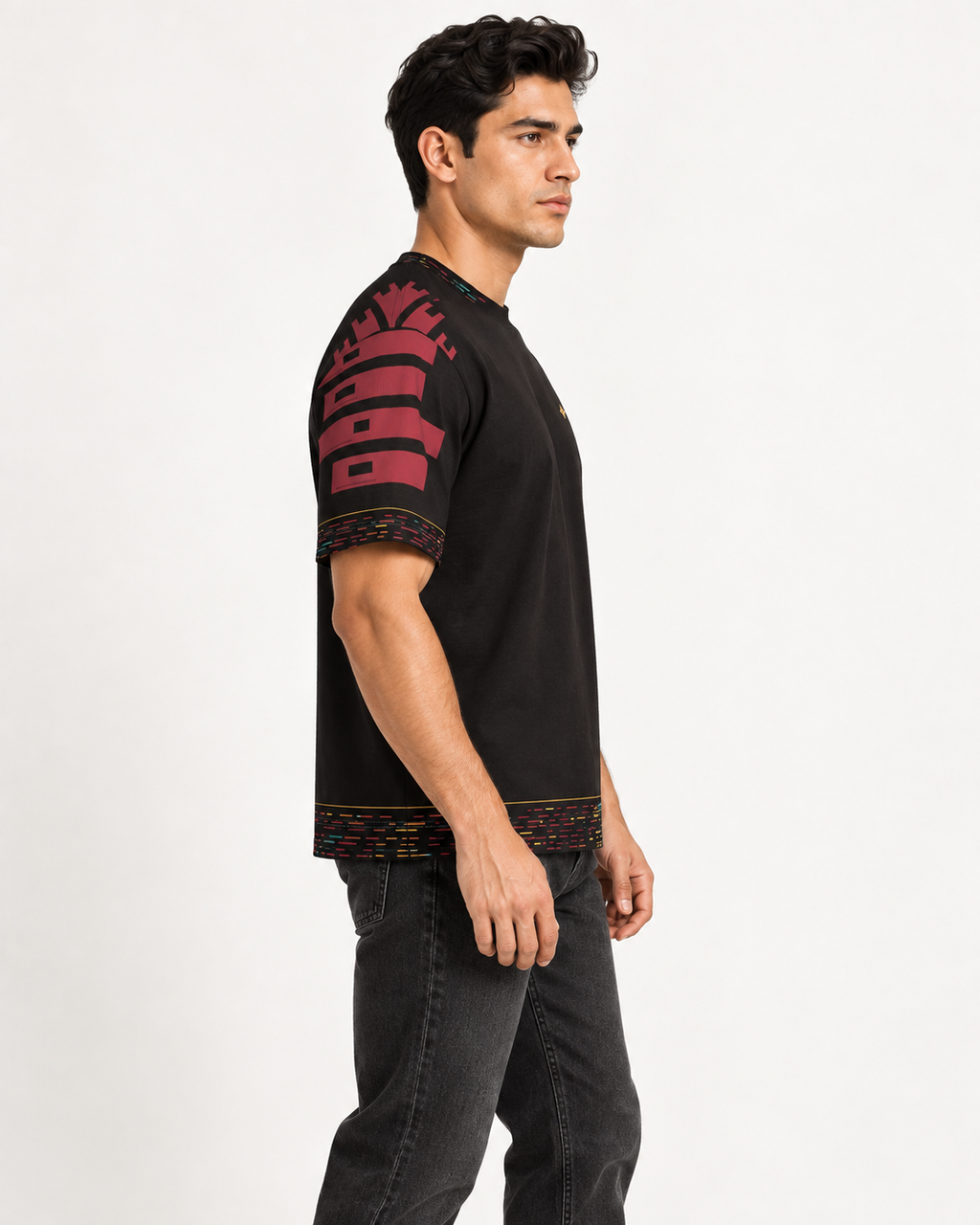Cinder Cipher boxy cotton T-shirt — side on-model digital styling illustration