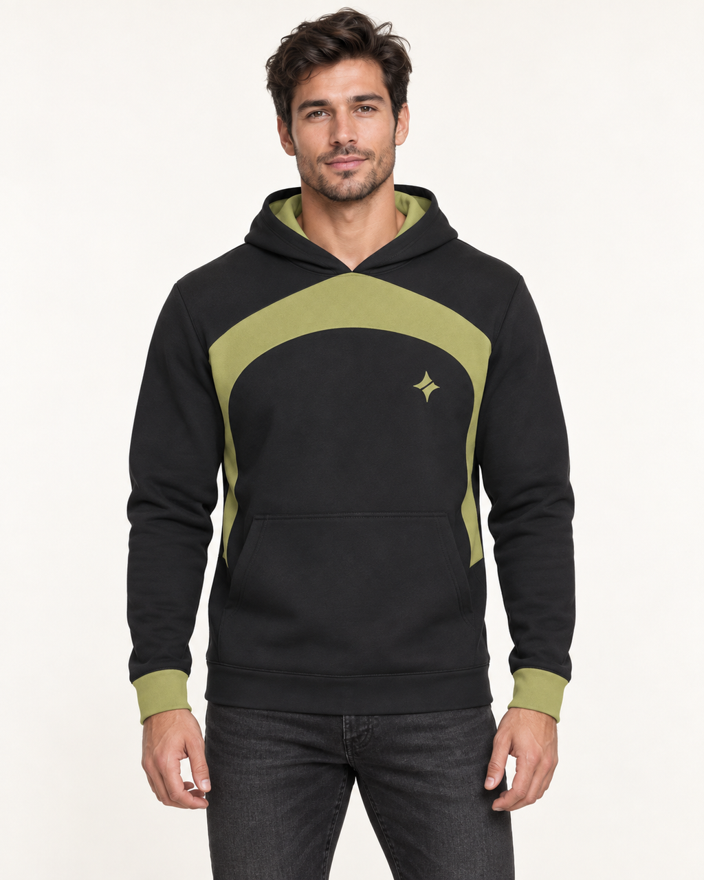 Cinder Citron Threshold Nero Ponte Hoodie, front on-model AI styling illustration