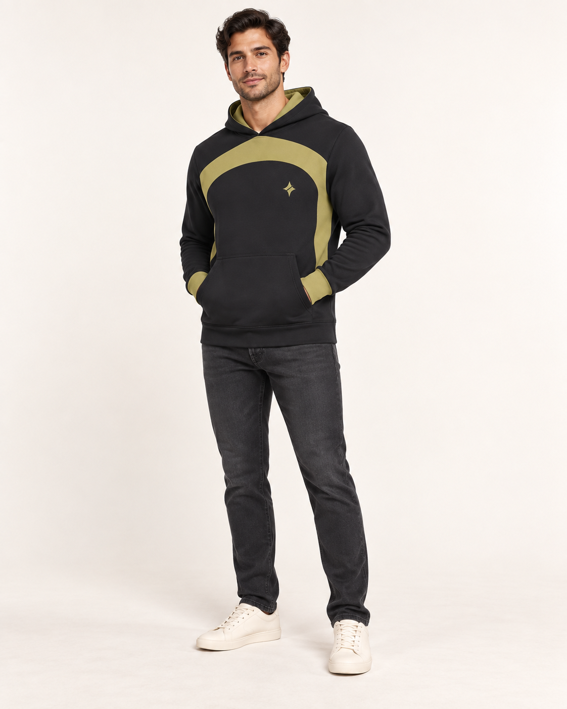 Cinder Citron Threshold Nero Ponte Hoodie, fullbody on-model AI styling illustration