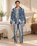 Adult model wearing the Cobalt Pavilion Luxury Pajama Set in a bright bedroom — AI styling illustration