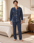 Adult model wearing the Cobalt Weft Luxury Pajama Set in a bright bedroom — AI styling illustration