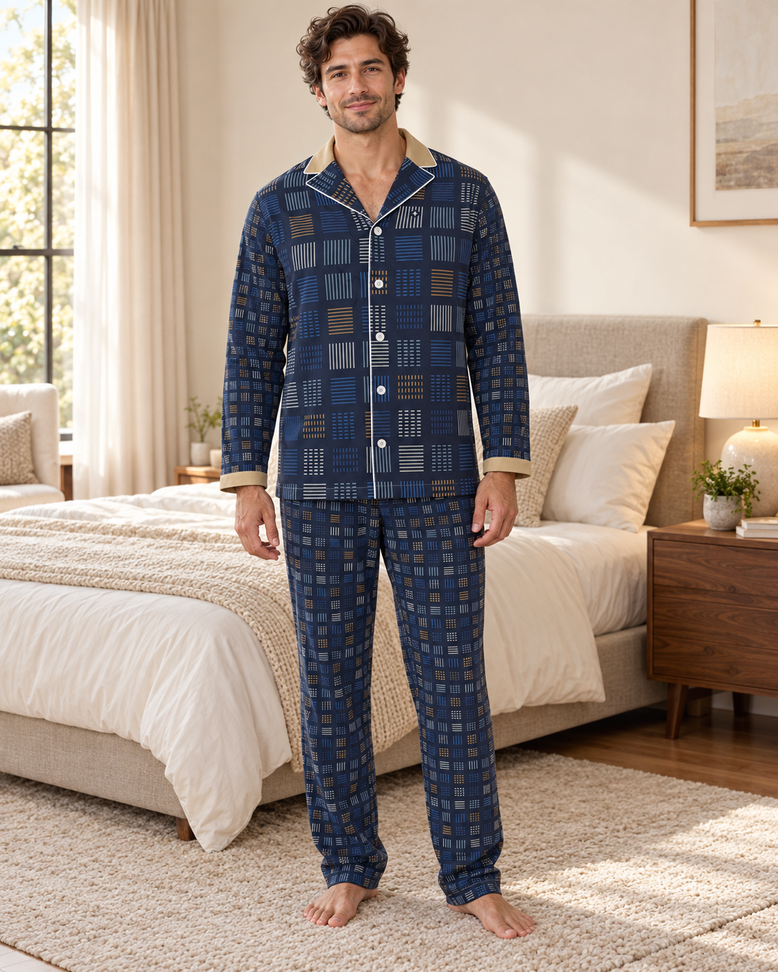 Adult model wearing the Cobalt Weft Luxury Pajama Set in a bright bedroom — AI styling illustration
