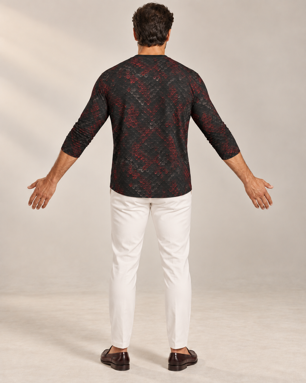 Cobra Elite Luxury Long Sleeve T-Shirt by UNIKCOSA, rear with arms extended view with white tailored trousers and cherry-brown loafers — AI-generated model illustration