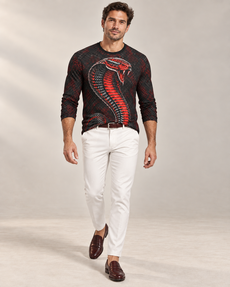 Cobra Elite Luxury Long Sleeve T-Shirt by UNIKCOSA, front walking view with white tailored trousers and cherry-brown loafers — AI-generated model illustration