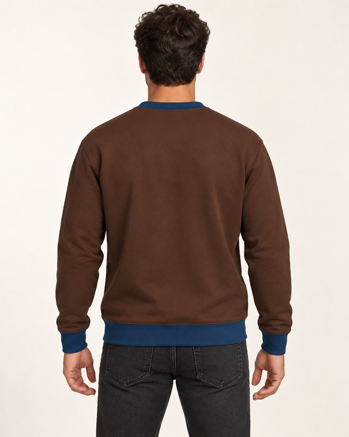 Cocoa Denim men's sweatshirt back view. AI-generated digital styling illustration.