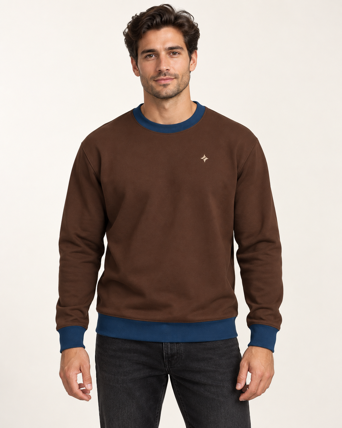 Cocoa Denim men's sweatshirt front view. AI-generated digital styling illustration.