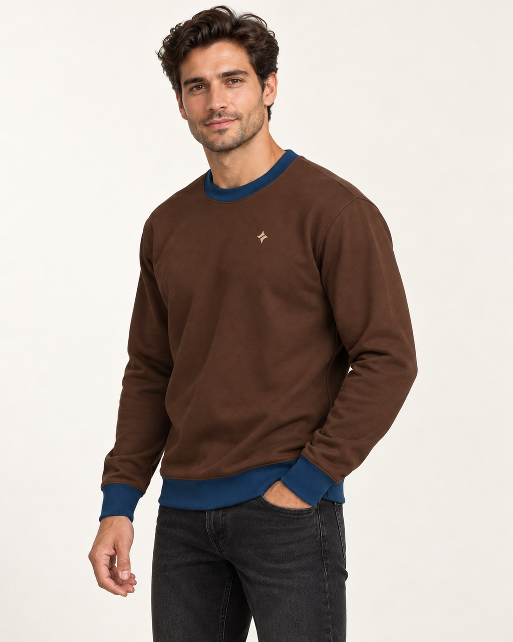 Cocoa Denim men's sweatshirt side view. AI-generated digital styling illustration.