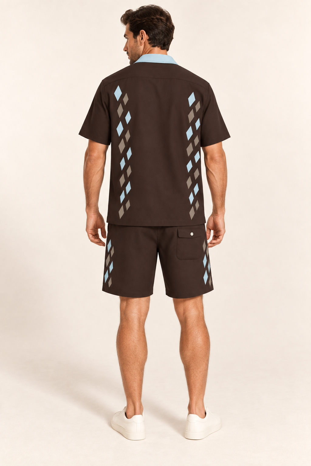 Cocoa Glacier cotton satin shirt and shorts set, back model view. AI-generated styling illustration.