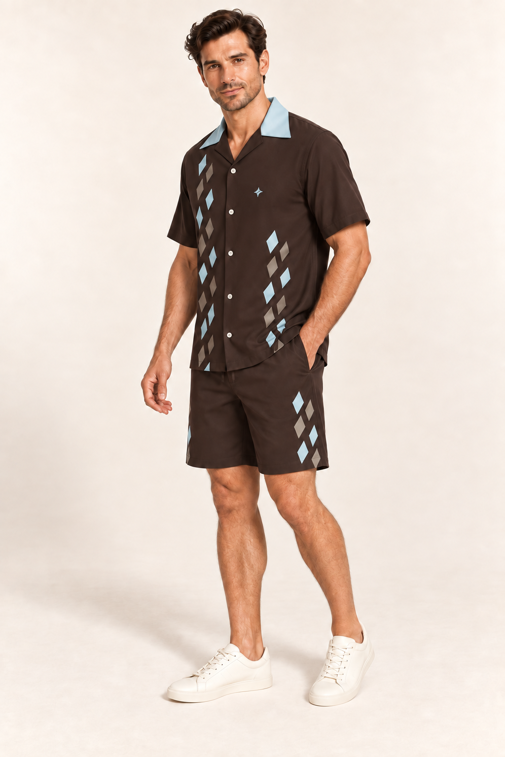 Cocoa Glacier cotton satin shirt and shorts set, side model view. AI-generated styling illustration.