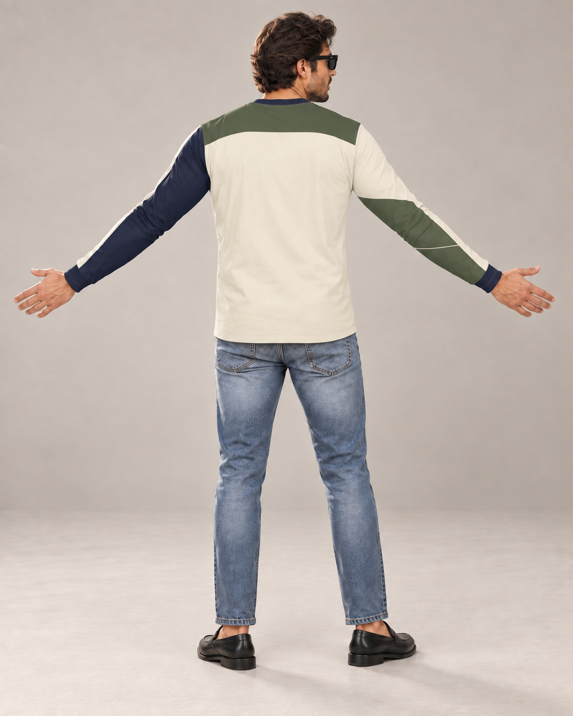 Cream Olive Luxury Bounce Cotton Long Sleeve T-Shirt by UNIKCOSA, back view with arms spread wide in a plain indoor studio — AI styling visual