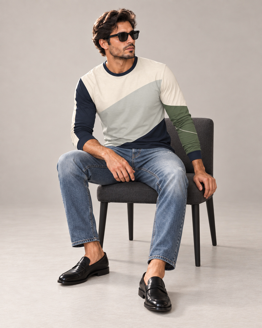 Cream Olive Luxury Bounce Cotton Long Sleeve T-Shirt by UNIKCOSA, seated with sleeves styled on a plain stone-grey background — AI styling visual