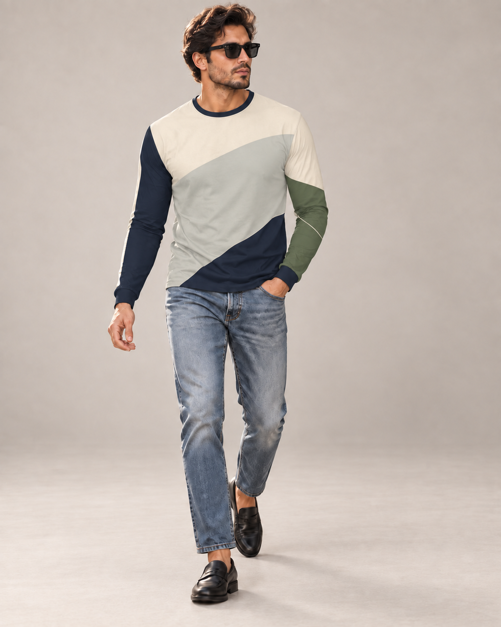 Cream Olive Luxury Bounce Cotton Long Sleeve T-Shirt by UNIKCOSA, walking in a plain indoor studio with straight jeans and black loafers — AI styling visual