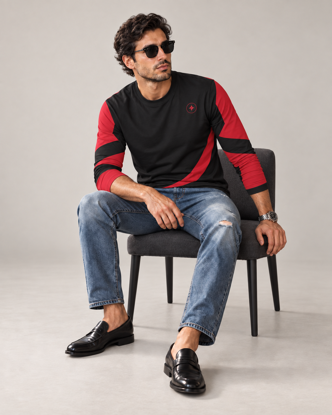 Crimson Edge Luxury Bounce Cotton Long Sleeve T-Shirt by UNIKCOSA, seated with sleeves styled on a plain stone-grey background — AI styling visual