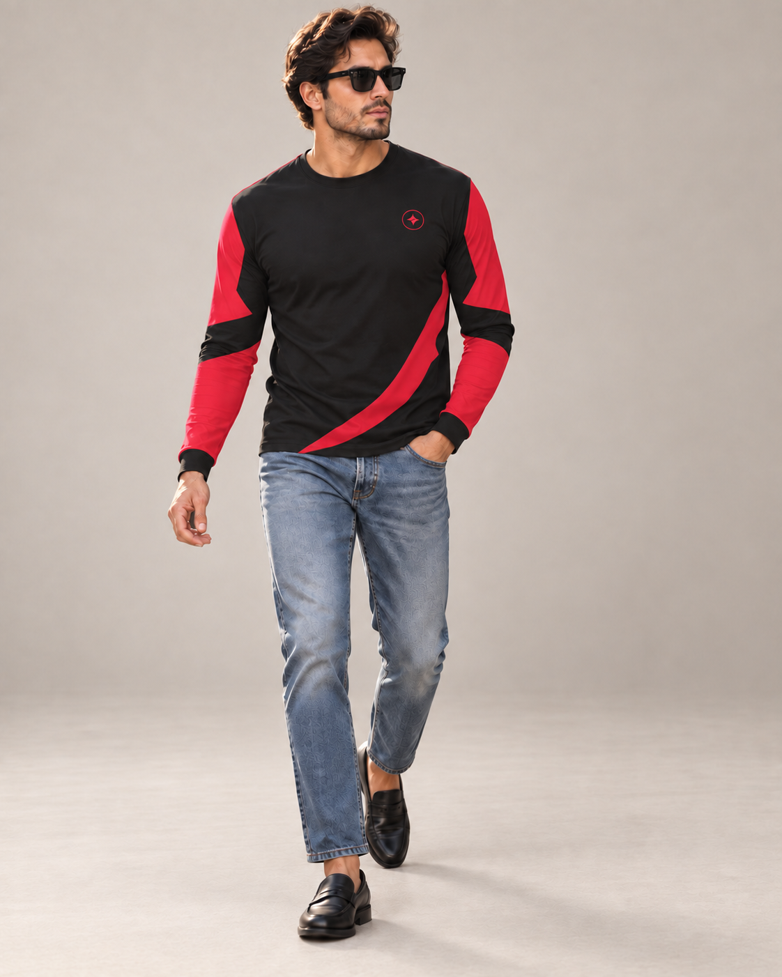 Crimson Edge Luxury Bounce Cotton Long Sleeve T-Shirt by UNIKCOSA, walking in a plain indoor studio with straight jeans and black loafers — AI styling visual