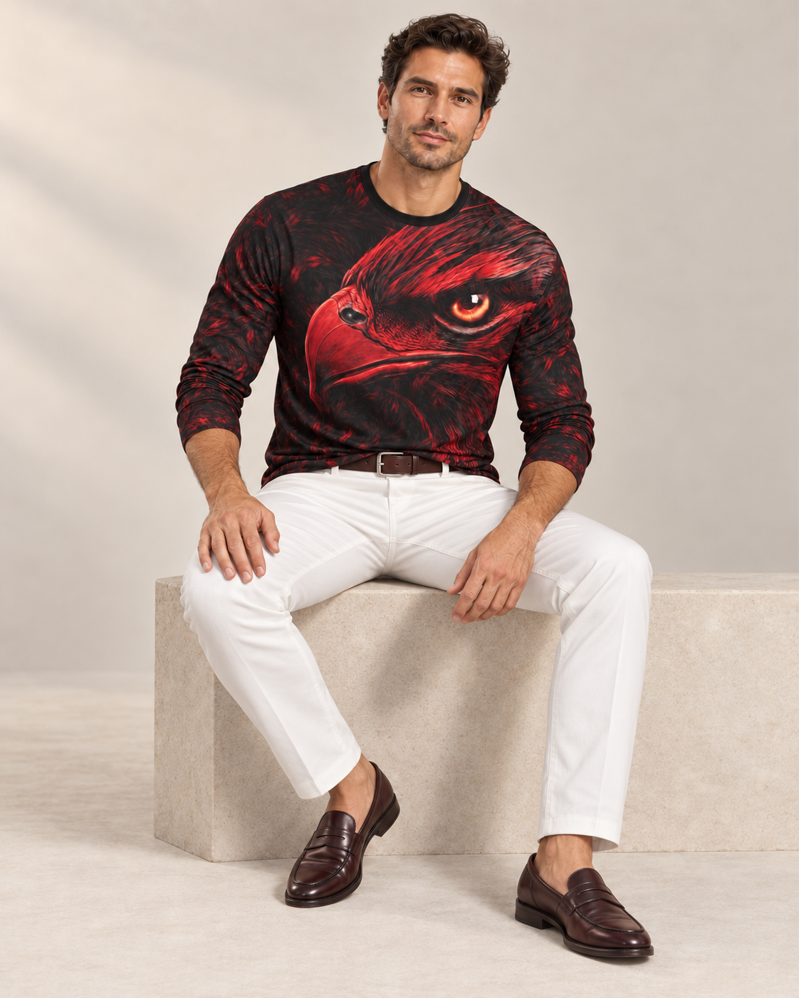 Crimson Falcon Luxury Long Sleeve T-Shirt by UNIKCOSA, seated view with white tailored trousers and cherry-brown loafers — AI-generated model illustration