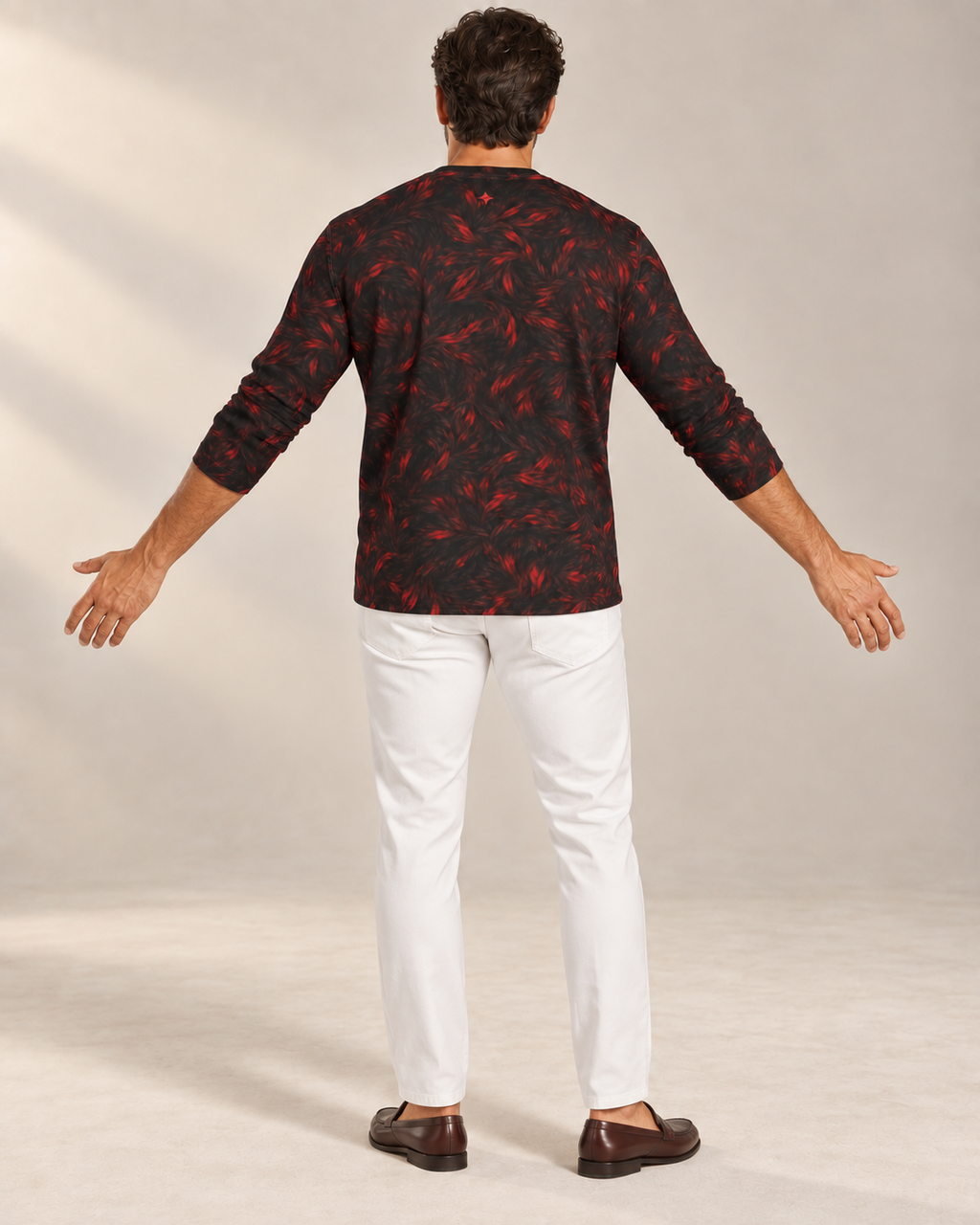 Crimson Frame Luxury Long Sleeve T-Shirt by UNIKCOSA, rear with arms extended view with white tailored trousers and cherry-brown loafers — AI-generated model illustration