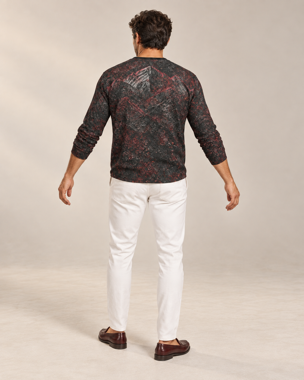 Crimson Ridge Luxury Long Sleeve T-Shirt by UNIKCOSA, rear with arms extended view with white tailored trousers and cherry-brown loafers — AI-generated model illustration