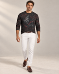 Crimson Ridge Luxury Long Sleeve T-Shirt by UNIKCOSA, front walking view with white tailored trousers and cherry-brown loafers — AI-generated model illustration