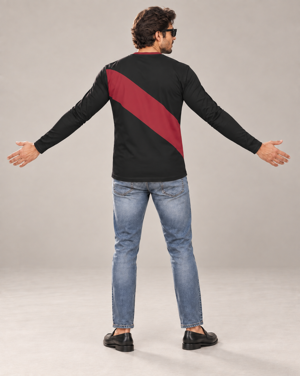 Crimson Sash Luxury Bounce Cotton Long Sleeve T-Shirt by UNIKCOSA, back view with arms spread wide in a plain indoor studio — AI styling visual