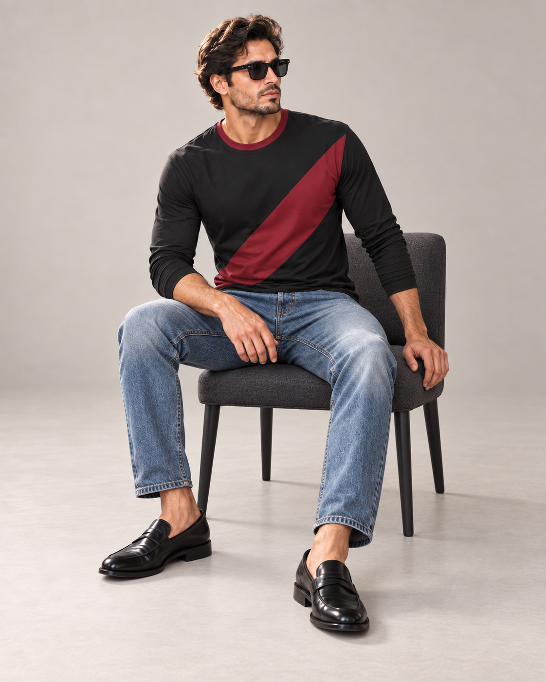Crimson Sash Luxury Bounce Cotton Long Sleeve T-Shirt by UNIKCOSA, seated with sleeves styled on a plain stone-grey background — AI styling visual