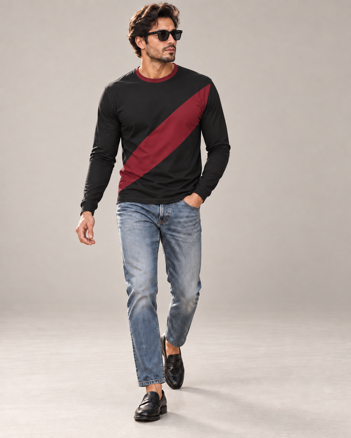 Crimson Sash Luxury Bounce Cotton Long Sleeve T-Shirt by UNIKCOSA, walking in a plain indoor studio with straight jeans and black loafers — AI styling visual