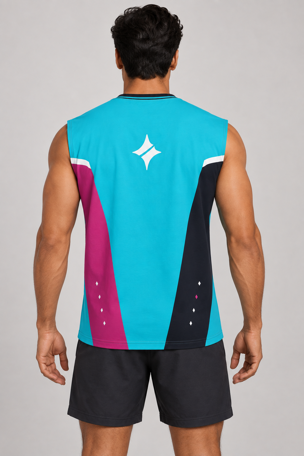 Cyan Pulse sleeveless cotton T-shirt – back on-model styling illustration