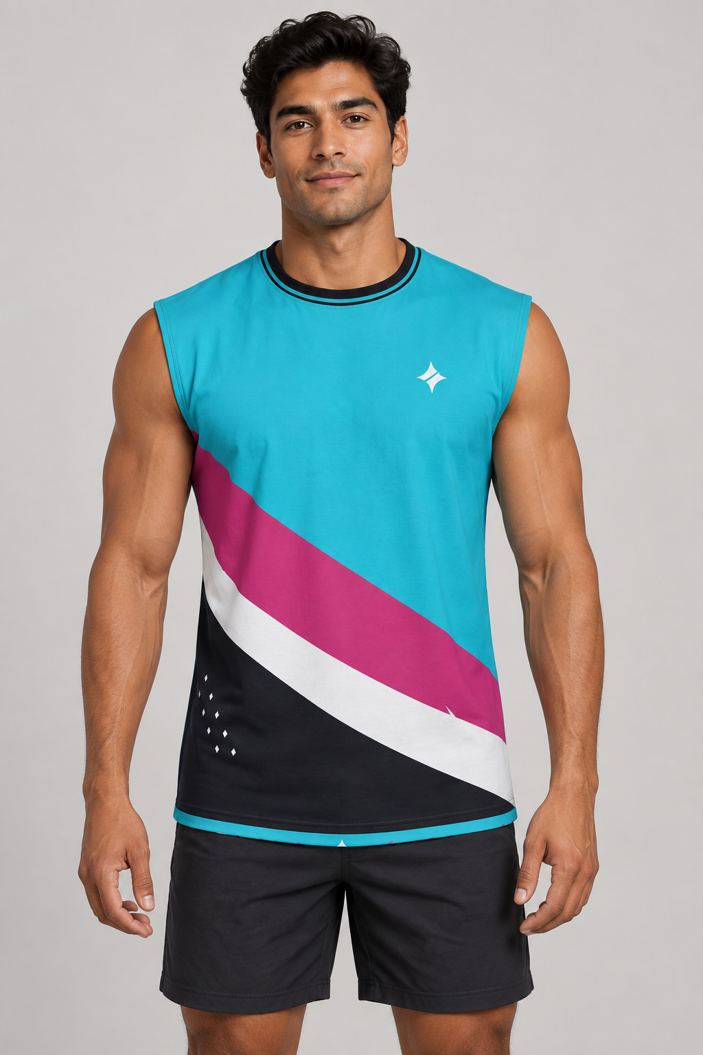 Cyan Pulse sleeveless cotton T-shirt – front on-model styling illustration