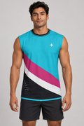 Cyan Pulse sleeveless cotton T-shirt – front on-model styling illustration