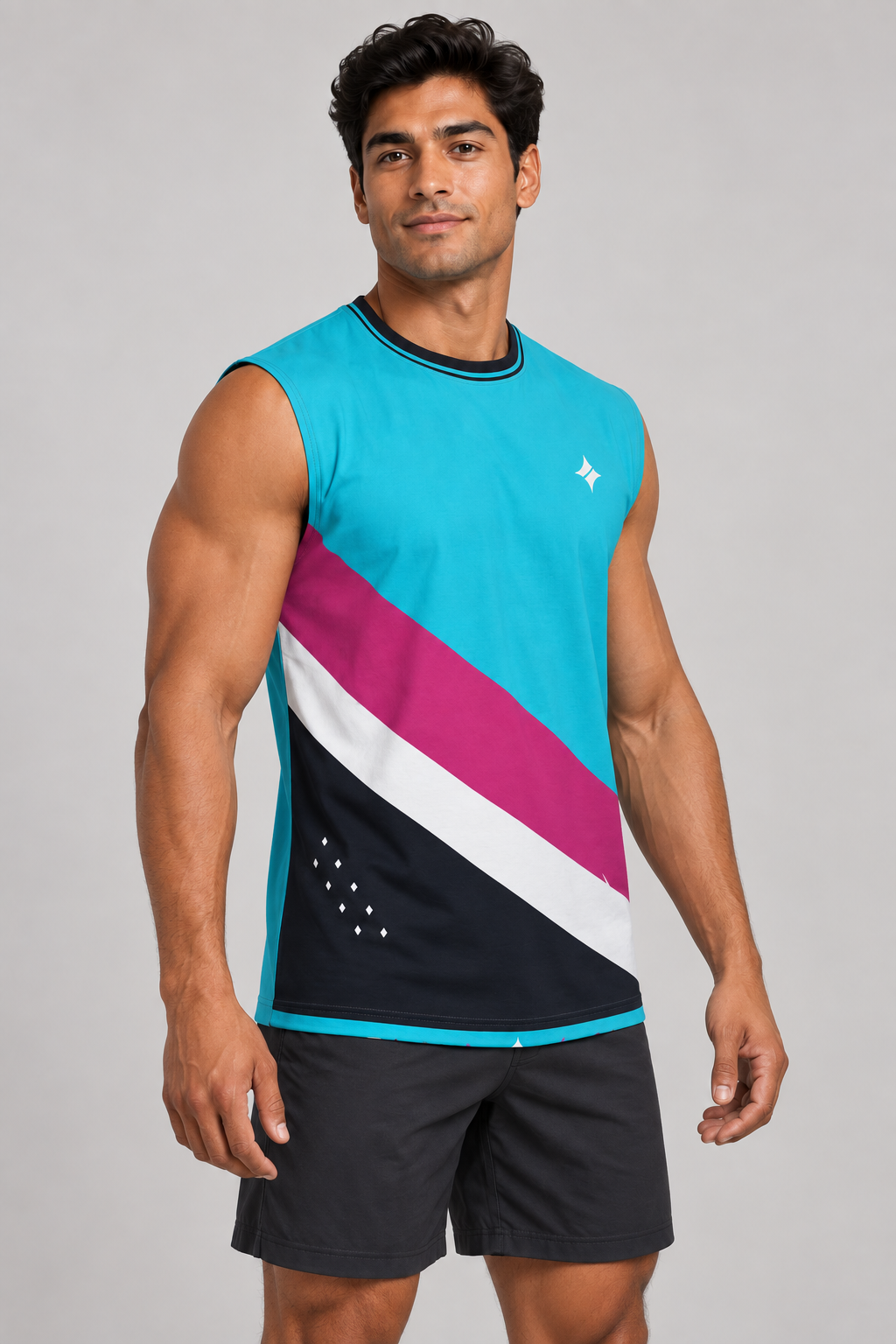 Cyan Pulse sleeveless cotton T-shirt – side on-model styling illustration