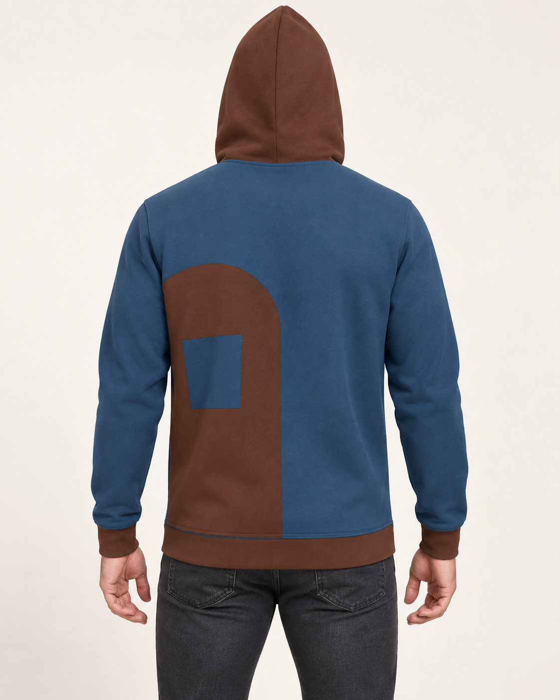 Denim Cocoa Portal Nero Ponte Hoodie, back on-model AI styling illustration