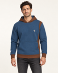 Denim Cocoa Portal Nero Ponte Hoodie, front on-model AI styling illustration