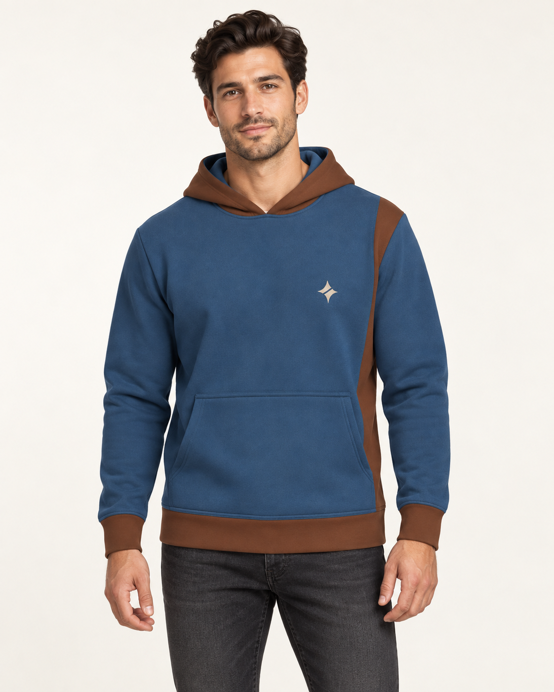 Denim Cocoa Portal Nero Ponte Hoodie, front on-model AI styling illustration