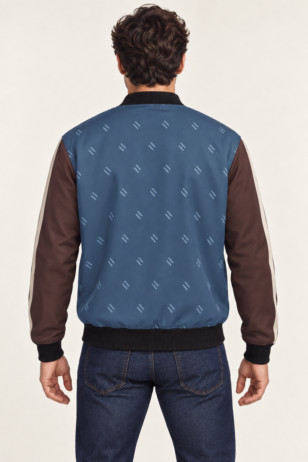 Denim Rosewood satin bomber jacket — back on-model styling illustration