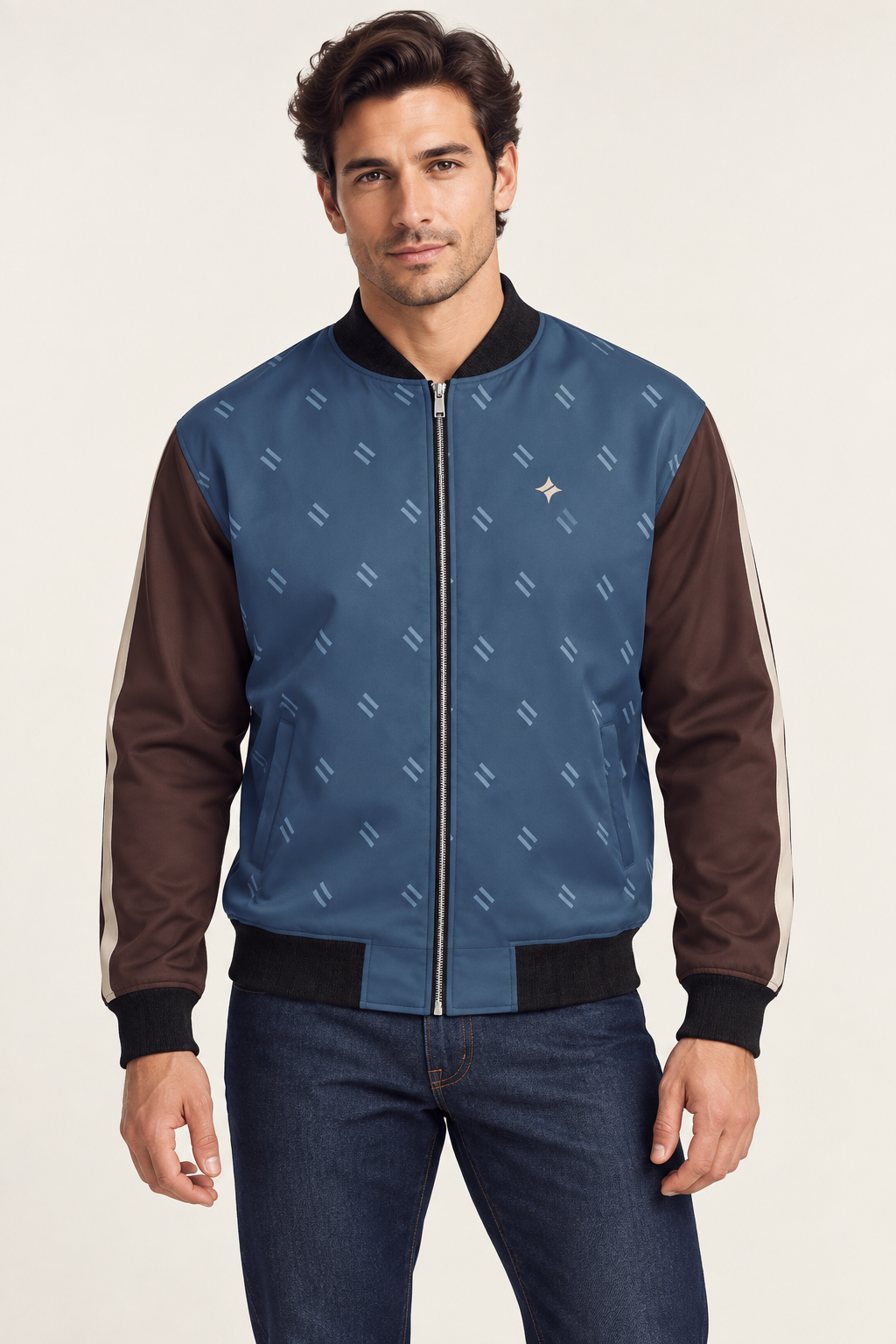 Denim Rosewood satin bomber jacket — front on-model styling illustration